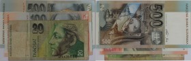 Banknoten, Slowakei / Slovakia, Lots und Sammlungen. 20, 100, 500 Korun ND (1994-96). Lot von 3 Banknoten. I-III