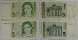 Banknoten, Lots und Samllungen Deutschland / Germany. BRD. Schein / Geldschein / Banknote 1. August 1991 Bettina von Arnim. 2 x 5 Mark 1991. Lot von 2...