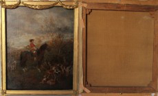 Kunst und Antiquitäten / Art and antiques. Ölgemälde "Jäger von Hunden umgeben". England 1800-1899 Jahr. Maße Gemälde: 63,5 x 70,5 cm. Maße mit Rahmen...