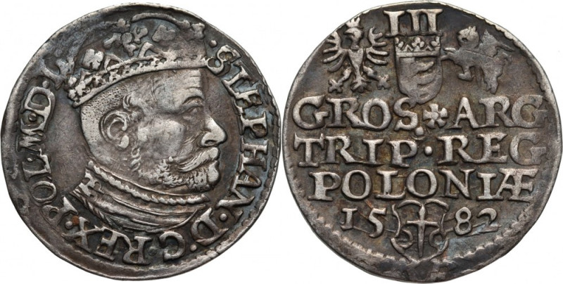 Stefan Batory, trojak 1582, Olkusz Rzadszy rocznik. Na awersie duża głowa króla,...