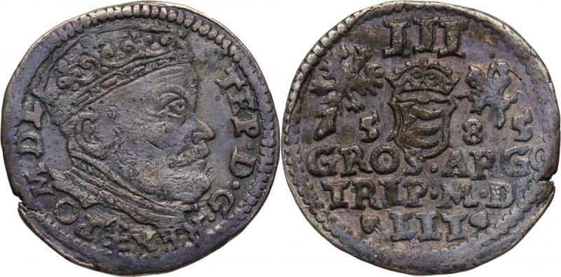 Stefan Batory, trojak 1585, Wilno Rzadka odmiana z herbem Prus pod popiersiem i ...