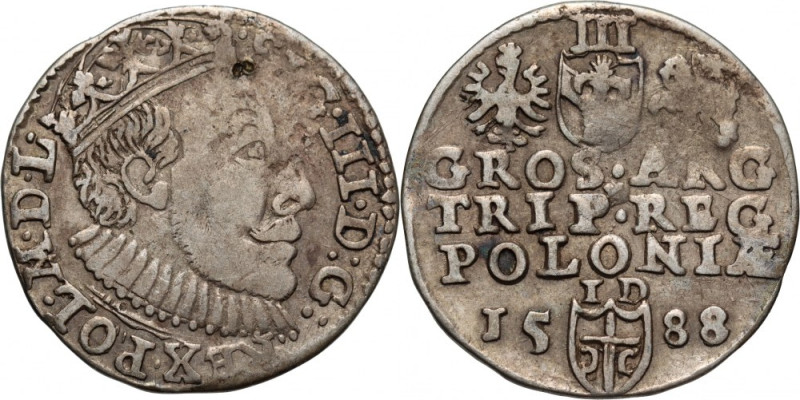 Zygmunt III Waza, trojak 1588 ID, Olkusz Rzadki typ trojaka. Na awersie duża gło...