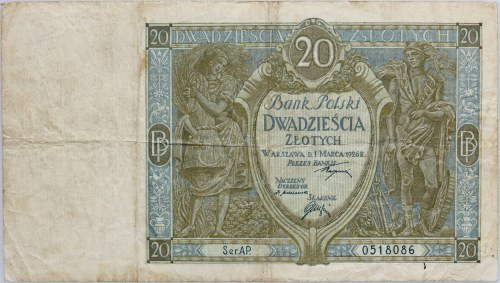 II RP, 20 złotych 1.03.1926, Ser. AP Numer 0518086. Bardzo rzadki banknot z okre...