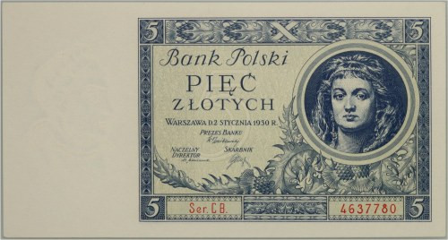 II RP, 5 złotych 02.01.1930, seria CB. Numer 4637780. Wyśmienite. Tylko jeden ba...