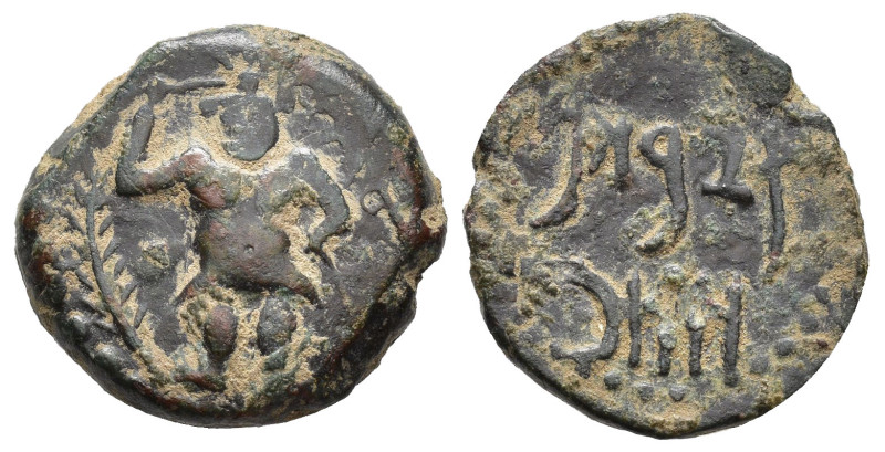 HISPANIA ANTIGUA. EBUSUS. Mitad. A/ Bes con maza y serpiente, a der. beth, a izq...