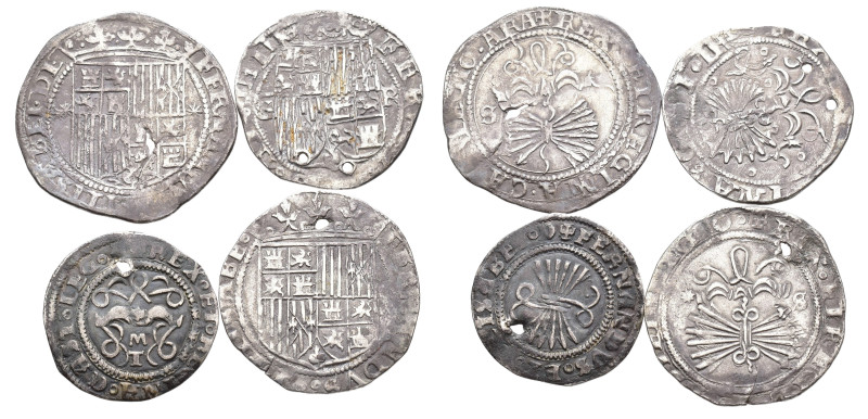 REYES CATÓLICOS. Lote de 4 piezas: 1/2 real de Toledo, 1 real de Granada y 2 de ...