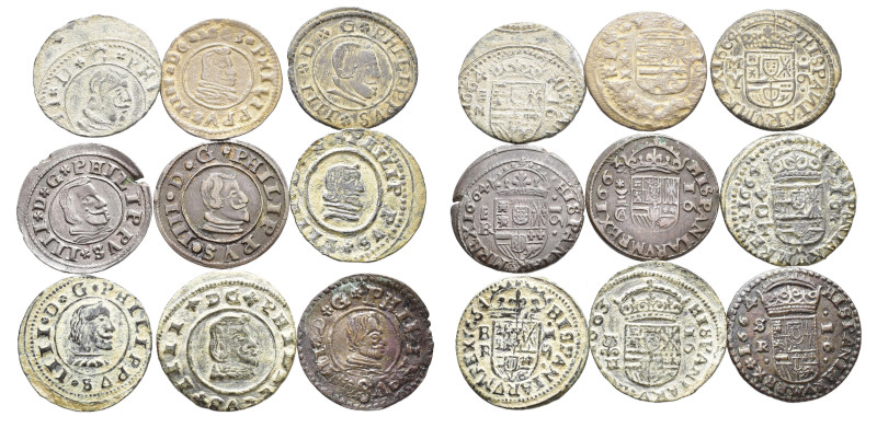 FELIPE IV. Lote de 9 piezas de 16 maravedís 1663-1664, Burgos, Córdoba, Cuenca, ...