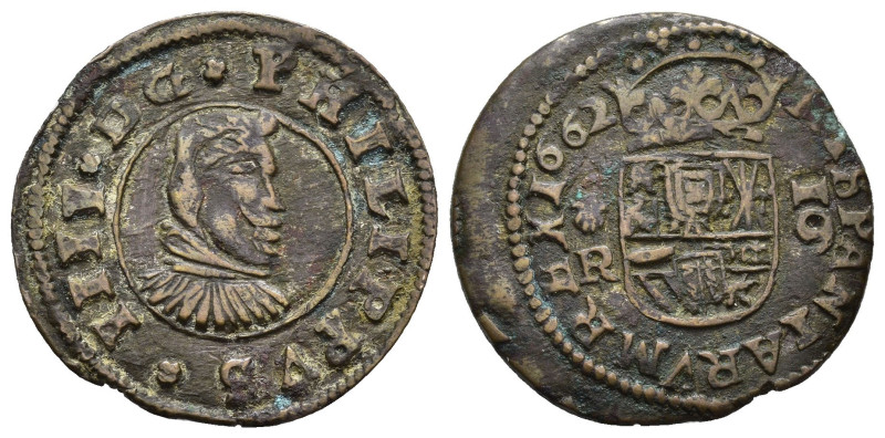 FELIPE IV. 16 maravedís. 1662 Coruña. R. Marca de ceca y ensayador a la izq. CU ...