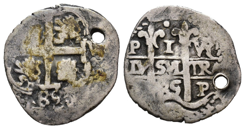 CARLOS II. Real. 1685 Potosí. VR. 2 fechas visibles. AR 2,48 g. 21,7 mm. AC-278....