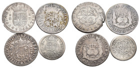 FELIPE V. Lote de 4 piezas: 1 real 1726 Segovia F, 2 reales 1721 Segovia F y 2 reales México (2) 1736 MF y 1743 M. MBC-/MBC.

Lote no sujeto a tasas...