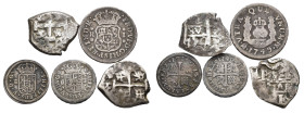 FELIPE V. Lote de 5 piezas: 2 de 1/2 real de Felipe V -1740 Madrid y 1726 Segovia-, y 2 de 1 real de Fernando VI -1754 Potosí (2). De BC+ a MBC-.

L...
