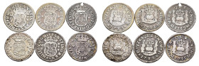 FELIPE V. Lote de 6 piezas de 1/2 real de México: 5 de Felipe V -1738 (2), 1743, 1744 y 1745- y 1 de Fernando VI 1752. 1 con agujero. BC+ a MBC-.

L...