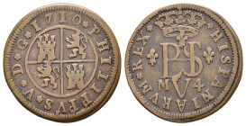 FELIPE V. 4 maravedís. 1710 Madrid. Prueba no adoptada. CU 3,54 g. 25 mm. VI-86; AC-85. Rayita en anv. MBC. 

Lote no sujeto a tasas de exportación...