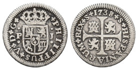 FELIPE V. 1/2 real. 1738 Sevilla. PJ. AR 1,25 g. 15,8 mm. VI-305; AC-345. Rayitas. MBC-.
