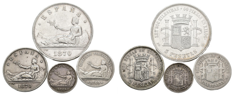 GOBIERNO PROVISIONAL. Lote de 4 piezas: 50 cts. 1869; 1 pta. 1869; 2 pts. 1870 y...