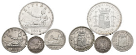 GOBIERNO PROVISIONAL. Lote de 4 piezas: 50 cts. 1869; 1 pta. 1869; 2 pts. 1870 y 5 pts. 1870. MBC-/MBC.