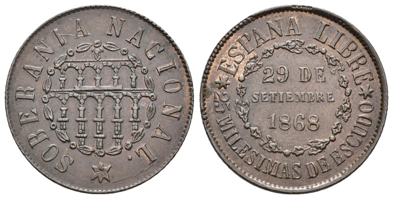 GOBIERNO PROVISIONAL. 25 milésimas de escudo. 1868 Segovia. CU 6,2 g. 25,1 mm. V...