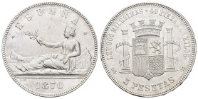 GOBIERNO PROVISIONAL. 5 pesetas. 1870*18-70 Madrid. SNM. AR 24,88 g. 37,3 mm. VII-22; AC-39. Pequeñas marcas. MBC+/EBC-.