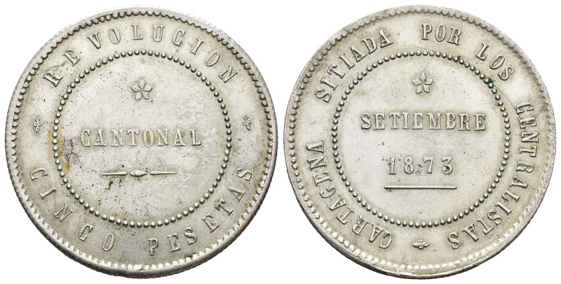 REVOLUCIÓN CANTONAL. 5 pesetas. 1873 Cartagena. No coincidente sobre eje horizon...