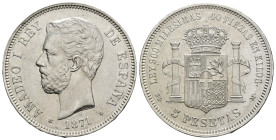 AMADEO I. 5 pesetas. 1871*18-71 Madrid. SDM. AR 24,97 g. 37,5 mm. VII-32; AC-1. Pequeñas marcas y rayitas. EBC-.