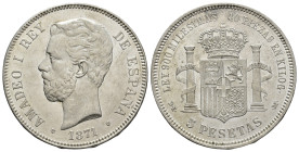 AMADEO I. 5 pesetas. 1871*18-74 Madrid. DEM. AR 24,86 g. 37,3 mm. VII-35; AC-5. Pequeñas marcas. R.B.O. EBC.