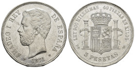 AMADEO I. 5 pesetas. 1871*18-75 Madrid. DEM. AR 25,07 g. 37,6 mm. VII-36; AC-7. Pequeñas marcas. ER.B.O. EBC.