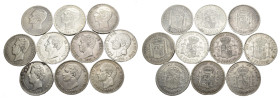 ALFONSO XII. Lote de 10 piezas de 5 pts.: Amadeo I (3) 1871 *7 1 y 1874 y Alfonso XII (7): 1875 (2), 1878, 1881 (2), 1884 y 1885. BC+/MBC-.