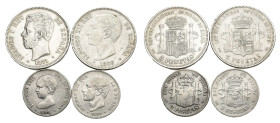 ALFONSO XII. Lote de 4 piezas: 5 pts. Amadeo I, 2 pts. Y 5 pts de Alfonso XII y 2 pts. Alfonso XIII. BC+/MBC-.