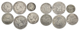 ALFONSO XII. Lote de 6 piezas: 10 cvs. Peso Manila (1); 1 pta. Gobierno Provisional (1) y Alfosno XII (2) y 2 pts. Alfonso XIII (2). BC/MBC-.