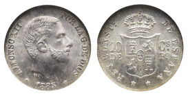 ALFONSO XII. 10 centavos de peso. 1885 Manila. AR. VII-56; AC-102. Encapsulada NGC-MS 66. Mínimos puntos de óxido. B.O. SC. 

Lote no sujeto a tasas...