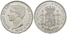ALFONSO XII. 5 pesetas. 1876*18-76 Madrid. DEM. AR 25,18 g. 37,4 mm. VII-82; AC-37. Pequeñas marcas y golpecito en gráfila. B.O. EBC.