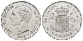 ALFONSO XII. 5 pesetas. 1878*18-78 Madrid. DEM. AR 25,4 g. 37,4 mm. VII-84; AC-39. Rayitas. B.O. EBC/EBC+.