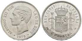 ALFONSO XII. 5 pesetas. 1878*18-78 Madrid. EMM. AR 24,99 g. 37,5 mm. VII-85; AC-41. Pequeñas marcas. B.O. EBC+.