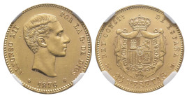 ALFONSO XII. 25 pesetas. 1876*18-76 Madrid. DEM. AU. VII-103; AC-67. Encapsulada NGC-MS 60. Rayitas y pequeñas marcas. EBC-/EBC. 

Lote no sujeto a ...