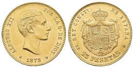 ALFONSO XII. 25 pesetas. 1878*18-78 Madrid. DEM. AU 8,03 g. 23,9 mm. VII-105; AC-70. Pequeñas marcas. R.B.O. EBC.