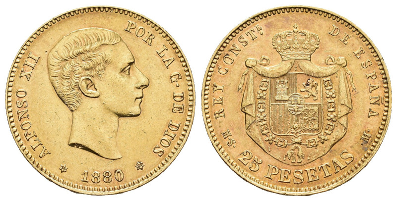 ALFONSO XII. 25 pesetas. 1880 Madrid. MSM. AU 8,07 g. 24 mm. VII-108; AC-79. Peq...