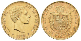 ALFONSO XII. 25 pesetas. 1880 Madrid. MSM. AU 8,07 g. 24 mm. VII-108; AC-79. Pequeñas marcas y rayitas. R.B.O. EBC-.