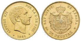 ALFONSO XII. 25 pesetas. 1881*18-81 Madrid. MSM. AU 8,08 g. 23,9 mm. VII-110; AC-82. Rayita en anv. R.B.O. EBC.