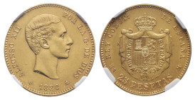 ALFONSO XII. 25 pesetas. 1880*18-80 Madrid. MSM. AU VII-108; AC-79. Encapsulada NGC-AU 55. Golpecitos. MBC+/EBC-. 

Lote no sujeto a tasas de export...