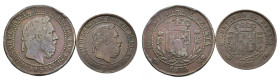 CARLOS VII. Lote de 2 piezas: 5 y 10 cts. 1875, Bruselas. BC el 10 cts. Golpecito en gráfila. El 5 cts. MBC-(BC+.