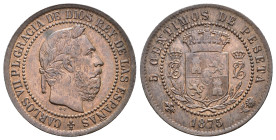 CARLOS VII. 5 céntimos. 1875 Oñate. No coincidente sobre eje horizontal. CU 4,99 g. 25,2 mm. VII-116.1; AC-3. B.O. EBC-/MBC+.