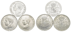 ALFONSO XIII. Lote de 3 monedas de 5 pts.: 1885, 1891 y 1898. MBC-/MBC.