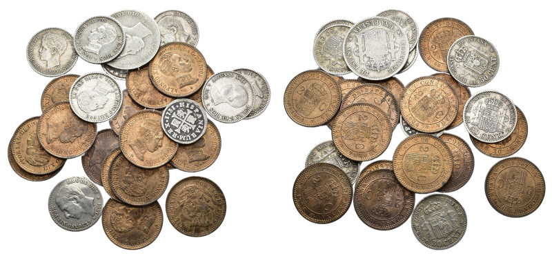 ALFONSO XIII. Lote de 26 piezas: 1/2 real Felipe V; 2 cts. (16) de Alfonso XII; ...