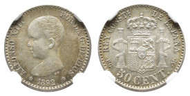 ALFONSO XIII. 50 céntimos. 1892/82*2-2 Madrid. PGM. AR. VII-141.2; AC-40. Encapsulada NGC-AU 58. B.O. EBC-/EBC. 

Lote no sujeto a tasas de exportac...
