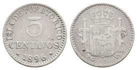 ALFONSO XIII. 5 centavos. 1896 Puerto Rico. AR 1,23 g. 15,9 mm. VII-139; AC-124. Oxidación en rev. Pequeñas marcas. MBC-/BC+.