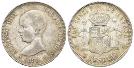 ALFONSO XIII. 5 pesetas. 1890*18-90 Madrid. PGM. AR 25,54 g. 37,3 mm. VII-181; AC-97. Puntos de óxido. Pequeñas marcas. MBC+.