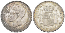 ALFONSO XIII. 5 pesetas. 1898*18- Madrid. SGV. AR 25,06 g. 37,3 mm. VII-190; AC-109? Pequeñas marcas y hojitas en rev. MBC.