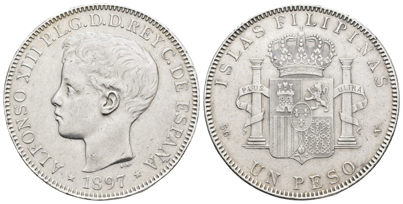 ALFONSO XIII. Peso. 1897 Manila. SGV. AR 24,95 g. 37,1 mm. VII-192; AC-122. Pequ...