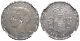 ALFONSO XIII. Peso. 1895 Puerto Rico. AR. VII-193; AC-128. Encapsulada NGC-AU DETAILS. Pequeñas marcas en anv. Ligera limpieza. MBC+. 

Lote no suje...