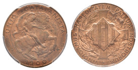 UNIÓN CATALANISTA. Módulo 5 céntimos. 1900 Barcelona. CU.VII-200; AC-132. Encapsulada PCGS MS64RB. Puntitos de óxido. R.B.O. EBC-. 

Lote no sujeto ...